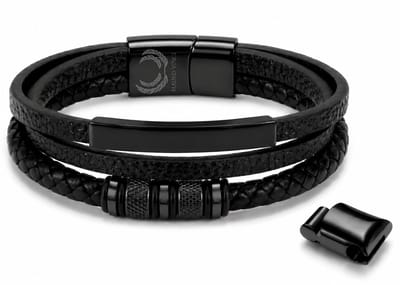 Armband Heren Leer Zwart – Mauro Vinci® Franci Leren Heren Armband met RVS Details – Verstelbare Mannen Armband 19.5 cm tot 21 cm – Stoere Schakelarmband Heren – Inclusief Luxe Geschenkverpakking