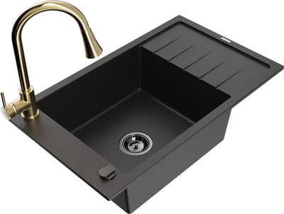 Mexen Elias granieten gootsteen met 1 bak en afdruiprek en keukenmengkraan Elia, zwart/goud metallic - 6511-75-670101-50-B