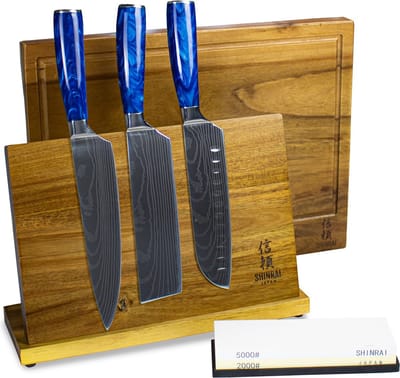 Shinrai Knives 3-delige Messenset met Blok - Messen met Messenblok, Snijplank en Slijpsteen - Epoxy Sapphire - Koksmes - Hakmes - Vleesmes