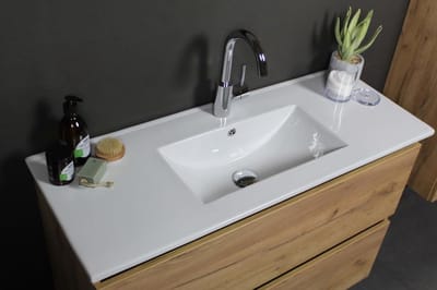 Basic Start 39 badmeubelset met greeploze wastafelonderkast met 2 lades en porseleinen wastafel met 1 kraangat 80 x 39 cm, whisky oak