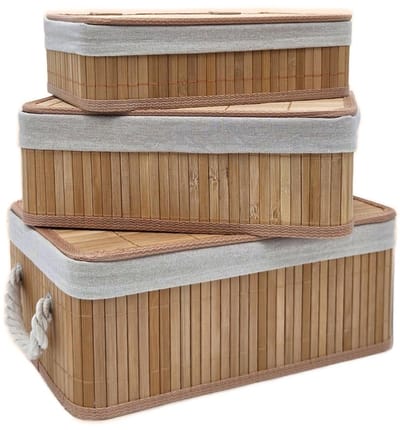 Dailygoods- Opbergmand Set Bamboe - Stapelbare Manden met Deksel - 3-delig - Natuurlijke Kleur - Multifunctioneel - 35x25x14cm, 32x22x12cm, 29x19x10cm - Opbergdoos