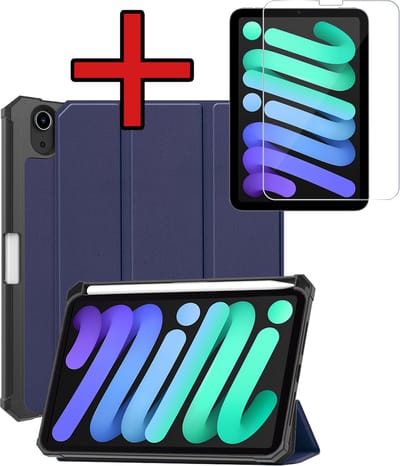 Hoesje - Geschikt voor Apple iPad Mini 7 (2024) - 8.3 inch - 7e Generatie - Met Screenprotector - Trifold Bookcase Hoes - Hard Cover Case - Met Uitsparing Geschikt voor Apple Pencil - Hardcover Book - Tablethoes - Donkerblauw