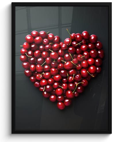 Poster in lijst - Fotolijst 50x70 cm - Posters - Kersen - Hart - Rood - Zwart - Posterlijst zwart - Decoratie - Wanddecoratie woonkamer - Muurdecoratie slaapkamer
