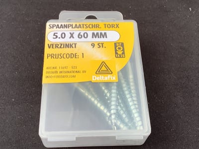 Hout schroef. 5.0 x 60 MM. lang. Verzinkt. platkop torx. 9 Stuks spaanplaat schroeven. Deltafix.