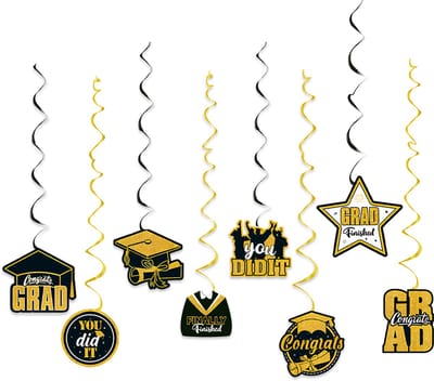 LUQ Geslaagd Swirls – Luxe Hangdecoratie Afstuderen & Graduation – Zwart, Goud & Wit – Spiraalslingers van 70 cm (Set van 8)