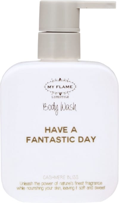 MY FLAME - Douchegel - HAVE A FANTASTIC DAY - Geur: Cashmere Bliss - Maat: 8 x 5 x 14 cm (inclusief pompje) - Inhoud: 330 ml
