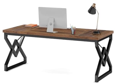 Groot Computertafel Met Extra Dikke Houten Tafelblad en Metalen Frame voor Thuiskantoor