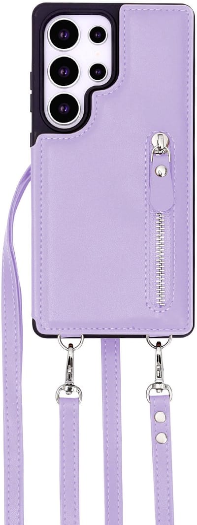 Casemania Hoesje Geschikt voor Samsung Galaxy S25 Ultra - Paars - Luxe Back Cover met Koord & Rits - Wallet Case met Pasjeshouder - Lanyard Telefoonhoes - Cord Case