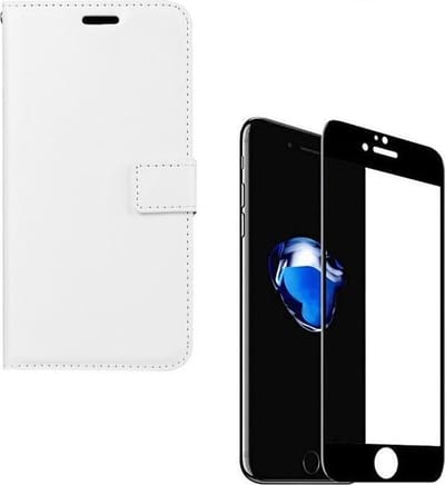 Bookcase Geschikt voor: iPhone 7 Plus / 8 Plus - wit - portemonee hoesje + 2X Full cover Tempered Glass Screenprotector