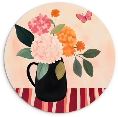 WallCircle® Wandcirkel 120x120 cm - Muurcirkel Vaas - Bloemen - Vlinder - Rood - Muurdecoratie woonkamer - Wanddecoratie slaapkamer - Kamer decoratie accessoires - Ronde schilderijen XXL