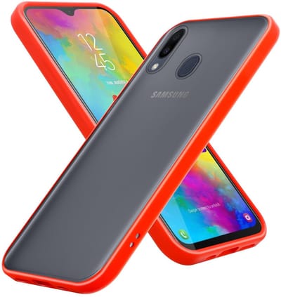 Cadorabo Hoesje geschikt voor Samsung Galaxy M20 in Mat Rood - Zwarte Knopen - Hybride beschermhoes met TPU siliconen Case Cover binnenkant en matte plastic achterkant