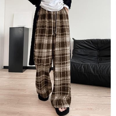 Wollen Vloerbroek voor Dames Herfst en Winter Nieuwe Stijl Pluche Broek voor Dames Dikke Rechte Broek Casual Geruit Wijdpijpig XL gray