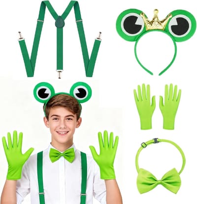 Carnaval kostuum voor volwassenen en kinderen met kikker hoofdband, strik, handschoenen en bretels voor themafeesten