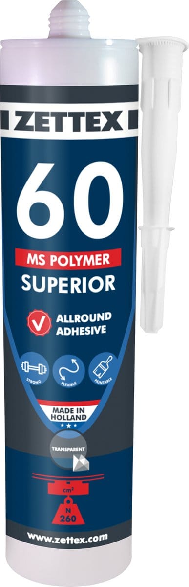 Zettex MS 60 Polymeerkit Superior - Montagekit – Lijmkit – Afdichtkit - Binnen & Buiten - 290ml – Transparant