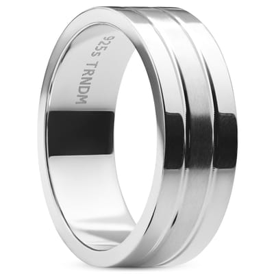 Klassieke gegroefde ring van 925 sterling zilver en gepolijst roestvrij staal
