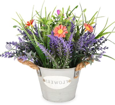 Valse planten paarse kunstmatige lavendelbloemen in gegalvaniseerde pot met oranje madeliefje 25,4 cm hoogte realistische faux potplant voor thuiskantoor woonkamer patio tafel boerderij