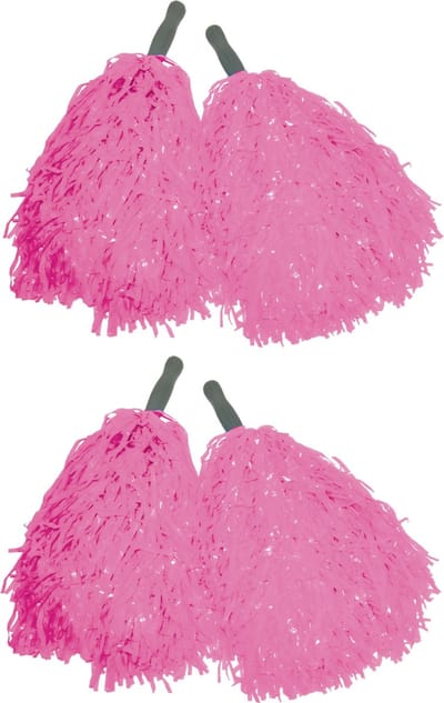 Cheerballs/pompoms - 4x - roze - met franjes en stick handgreep - 25 cm - voor kinderen