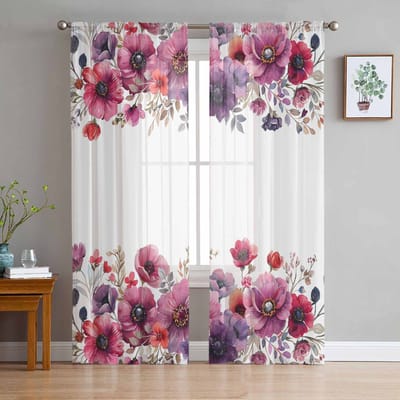 Bloemen Bladeren Waterverf Transparante Gordijnen voor Woonkamerdecoratie Raamgordijnen voor Keuken Tule Voile Organza Gordijnen W135 x H115cm x1 white