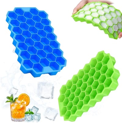 IJsblokjesvorm van silicone, set van 2, 37 vakken, honingraatvormige ijsblokjeshouder met deksel, stapelbaar, ijsblokjesvorm voor cocktails, whisky, babyvoeding en ijskoffie (blauw + groen)