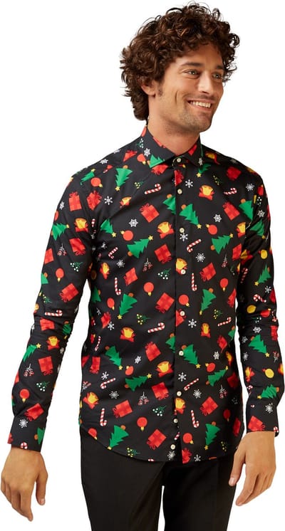 OppoSuits Christmas Icons Black - Heren Kerst Overhemd - Kerst Shirt Met Kerstbomen - Zwart - Maat XS