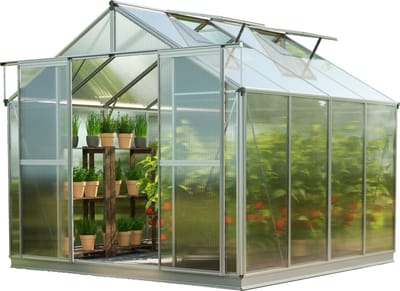 GFP tuinkas TOPAS 4 aluminium 225x259 cm, 6 mm kanaalplaten polycarbonaat, met fundamentframe & automatische dakraamopener