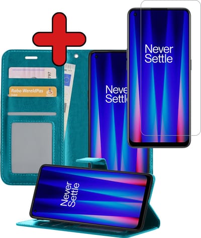 Hoesje - Met Screenprotector - Geschikt voor OnePlus Nord CE 2 - Luxe Pasjeshouder - Flipcase - Bookcase Portemonee - Flip Case - Kunstleer Book Case - Book Cover - Walletcase - Portemonneehoes - Telefoonhoes - Turquoise