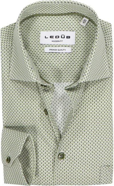 Ledub modern fit overhemd - popeline - wit met groen en blauw dessin - Strijkvriendelijk - Boordmaat: 40 (EU maat: M)