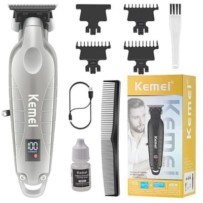 KEMEI 2293 Professionele Haar/Baard Trimmer voor Mannen Zero Gapped Tondeuse voor Kapper met T Blade, Draadloze Oplaadbare, Zilverachtig