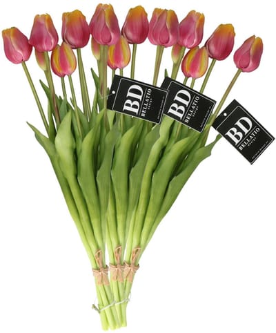 Bellatio Design Kunst tulpen boeket Sally - 21x stuks - paars - real touch - 47 cm