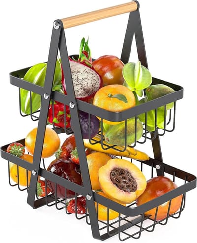 Tweelaags Fruit- en Groentemand met Houten Handvat, Ideaal voor Opslag van Snacks en Brood, Stijlvol Zwart Metaal