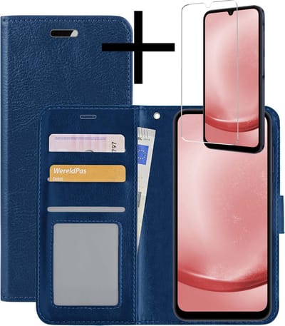 Hoesje - Met Screenprotector - Geschikt voor Samsung Galaxy A25 - Luxe Pasjeshouder - Bookcase Portemonee - Flip Case - Kunstleer Book Case - Flipcase - Book Cover - Walletcase - Portemonneehoes - Donkerblauw