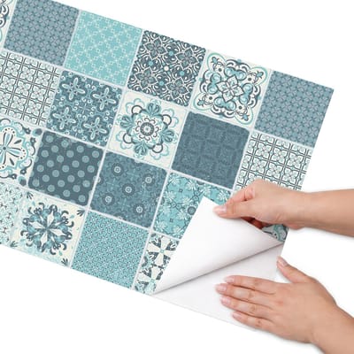 Coloray Meubel Wrap Folie - Blauw Meubelfolie - 50x100 cm - Decoratiefolie Turkooizen tegels - Meubel Wrap Folie - Vintage Meubelfolie - Plakfolie Meubels - Keuken decoratie - Achtergronden en patronen