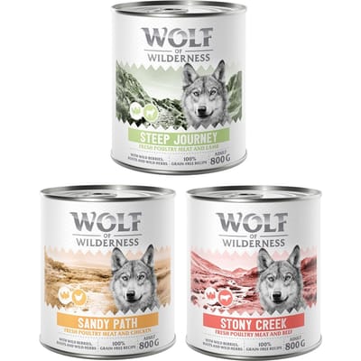 6x800g Adult "Expedition" Mixpakket (3 smaken) Wolf of Wilderness Hondenvoer