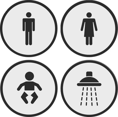 12.5 cm Rond 4 bordjes man-vrouw-baby verschonen-douchen Wit - Zwart | toilet bordjes - WC bordjes | 125 mm rond 3 mm dik | Wit Zwart | Bio plastic