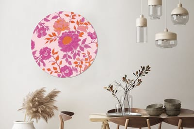 WallCircle - Wandcirkel - Muurcirkel - Bloemenpatroon - Roze - Oranje - Bloemen - Aluminium - Dibond - 90x90 cm - Binnen en Buiten