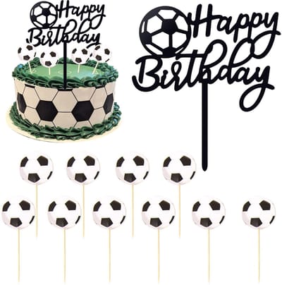 Dailygoods - BelleVive 11-delige voetbal-taartopzetstuk, Happy Birthday, zwart-witte feestdecoratie, taartopzetstukken voor jongens, voetbalverjaardagsdecoraties, voetbaltaartdecoraties