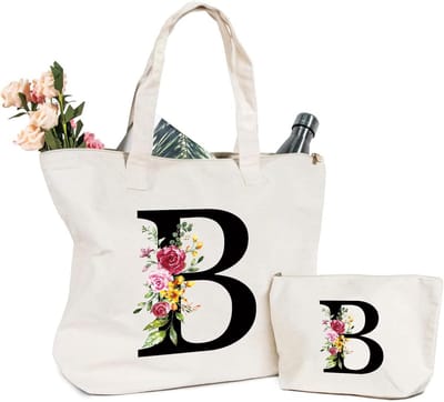 Canvas Shopper Tas met Bedrukking: Bloemen en Initialen, Ideaal als Cadeau