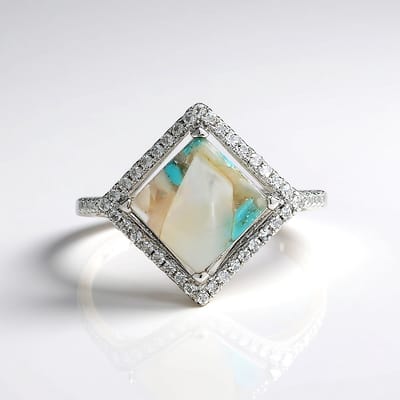 Cavill - Zilveren ring - 925 Sterling Zilver - Turquoise mozaïek 1,45 ct en witte topaas 0,4 ct - Elegante damesring met cabochon carré edelsteen