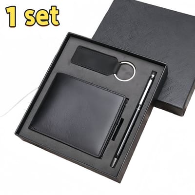 1 set - Portemonnee - Cadeauset (inclusief portemonnee*1, pen*1, sleutelhanger*1) - Echt leer - 11*8,5*2 cm - Zwart