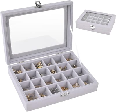 Sieraden Organizer voor Oorbellen, Luxe Velvet Display Box met 24 Compartimenten en Glazen Deksel, Ideaal voor Oorbellen, Kettingen, Ringen en Horloges
