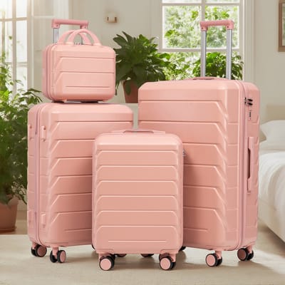 OKWISH Kofferset Spinner – 4 Delig 14 19 24 28 Inch – ABS – Roze – Reizen Met Cijferslot – Met Kosmetickoffer