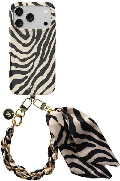 AVY Hoesje Met Telefoonkoord | Geschikt voor Apple iPhone 17 Pro | Compatibel met MagSafe | Hard Shell Back Cover | Stijlvol Bijpassend Koord 32CM | Serengeti Zebra | Zwart & Wit