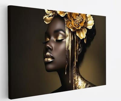 Saammp Canvas Schilderij - Abstract - Afrikaanse Vrouw - Goude bloemen - 30x20 - Foto op canvas - Wanddecoratie - Muurdecoratie Woonkamer - Slaapkamer decoratie - Canvas Print