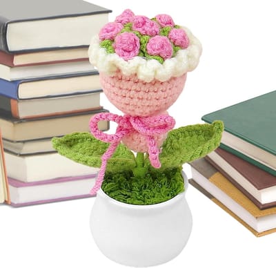 Crochet Flower Bouquet,Crochet Bouquet Potted Desk Flowers - Colorful Knitted Crochet Plant, Cute Home Office Desk Decor Gift for Mom, Wife