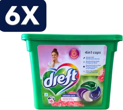6 x Dreft - Wasmiddelcapsules 4in1 - Witte en Gekleurde Was - Vleugje Roze - 16 Wasbeurten