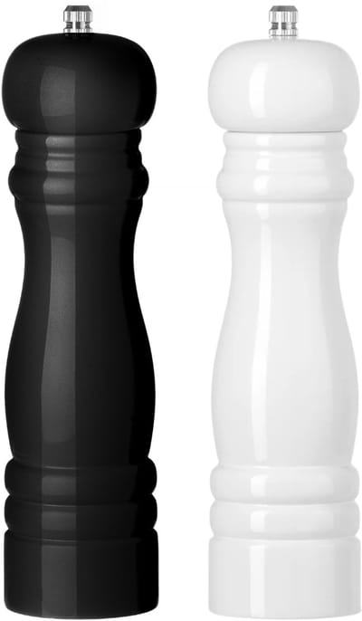 Cookinglife Peper- en Zoutmolenset Rocca Zwart & Wit Glanzend – Set van 2 Hout & RVS met Keramisch Maalwerk – Luxe Glansafwerking