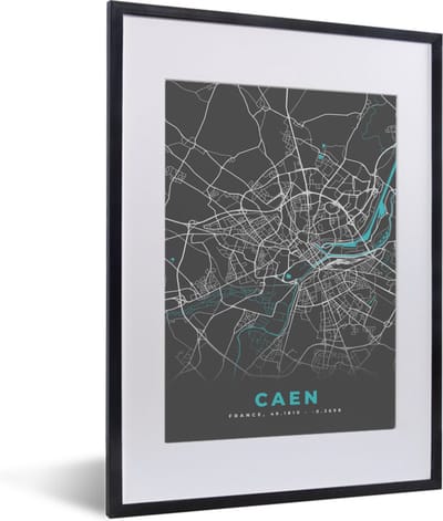 Fotolijst incl. Poster - Caen - Frankrijk - Kaart - Stadskaart - Plattegrond - 30x40 cm - Posterlijst