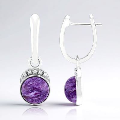 Cavill - Zilveren Oorbellen Gerhodineerd - 3,65 ct Russische Paarsachtige Charoiet en Tanzaanse Zirkonia - Elegante Ronde Cabochon Oorbellen Dames