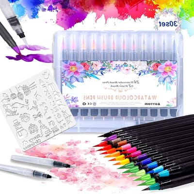24 Watercolor Brushes Set met Flexibele Borsteltips voor Tekeningen, Kleurtechnieken en Calligrafie voor Volwassenen en Kinderen (Inclusief 4 Sjablonen)