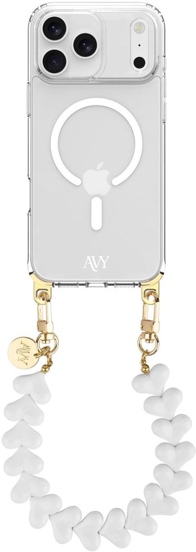 AVY Hoesje geschikt voor Apple iPhone 17 Pro Max | Compatibel met MagSafe | Clear Case met Telefoonkoord 30CM | Polsband Cupid White